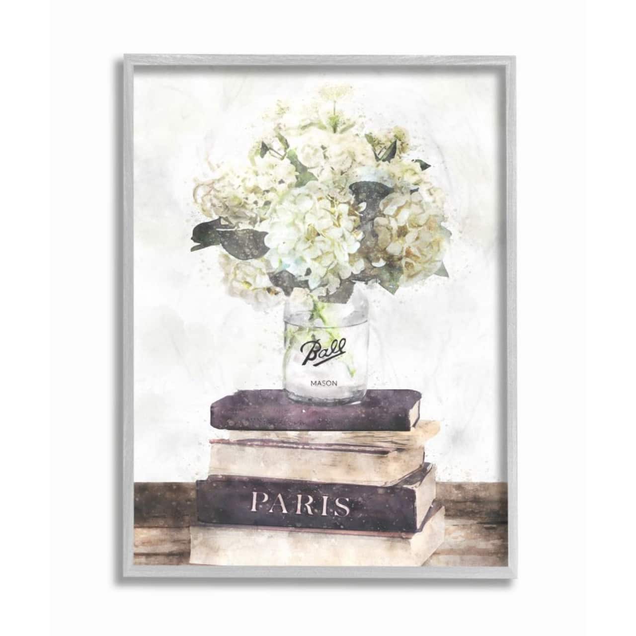 Stupell Industries White Florals on Parisian Bookstack with Gray Frame Wall Accent